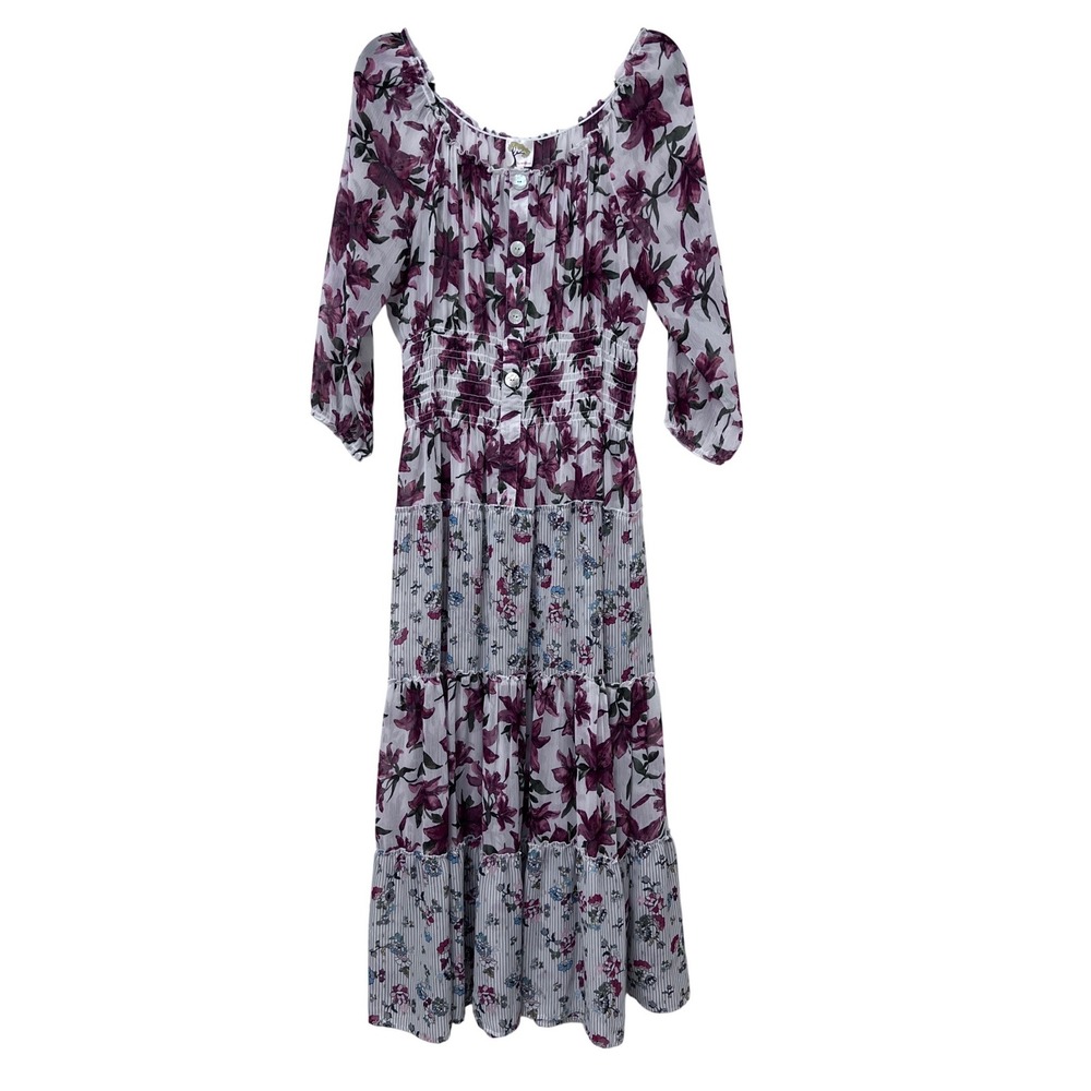Fig and Flower Floral Stripe Tiered Maxi Dress Purple White PXL Smocked Waist